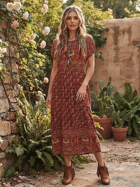 Boho Red Multi-Print Maxi Dress
